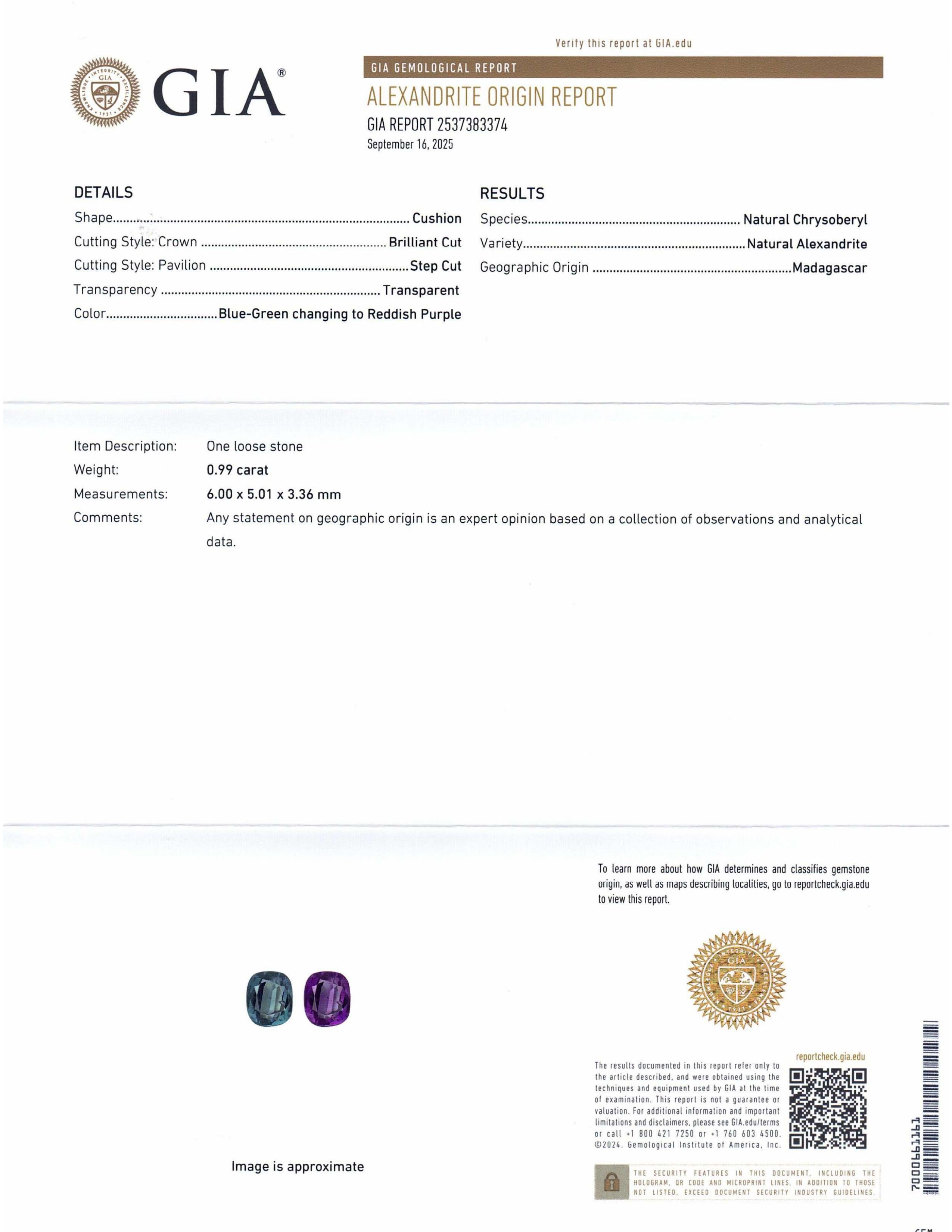 0,99 ct Alejandrita de color azul verdoso a púrpura rojizo certificada por el GIA de Madagascar Corte brillante en venta
