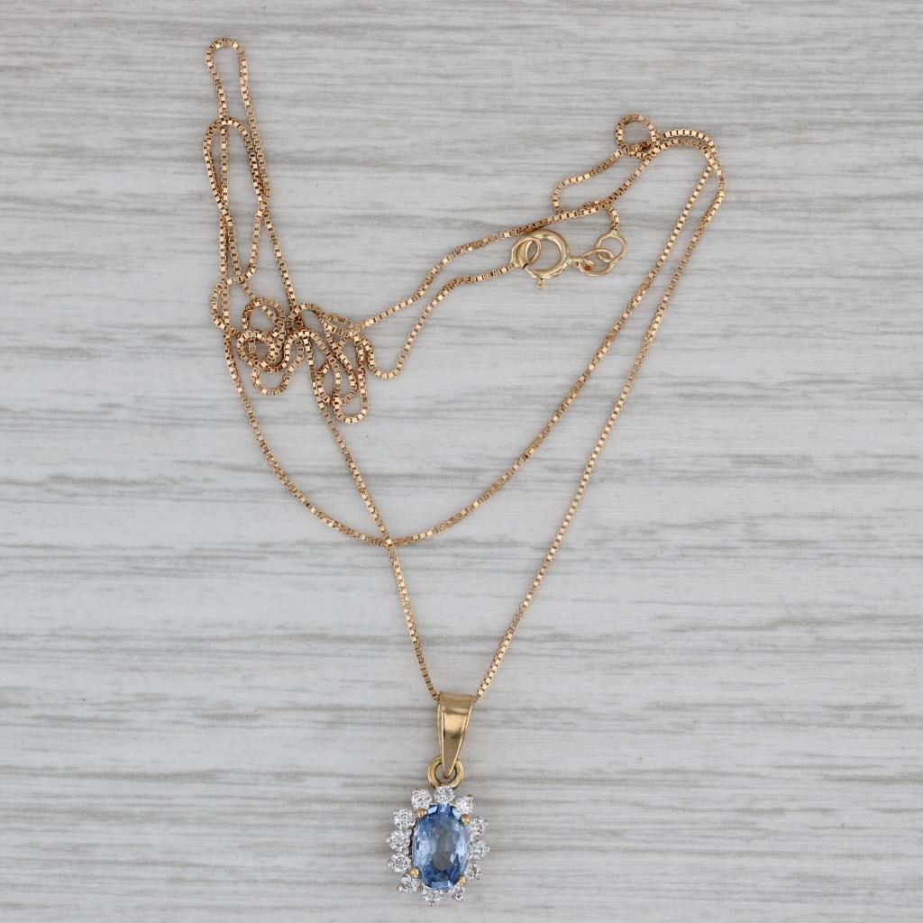 0.99ctw Blue Sapphire Diamond Halo Pendant Necklace 14k Gold 18