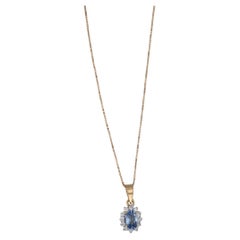 0.99ctw Blue Sapphire Diamond Halo Pendant Necklace 14k Gold 18" Box Chain