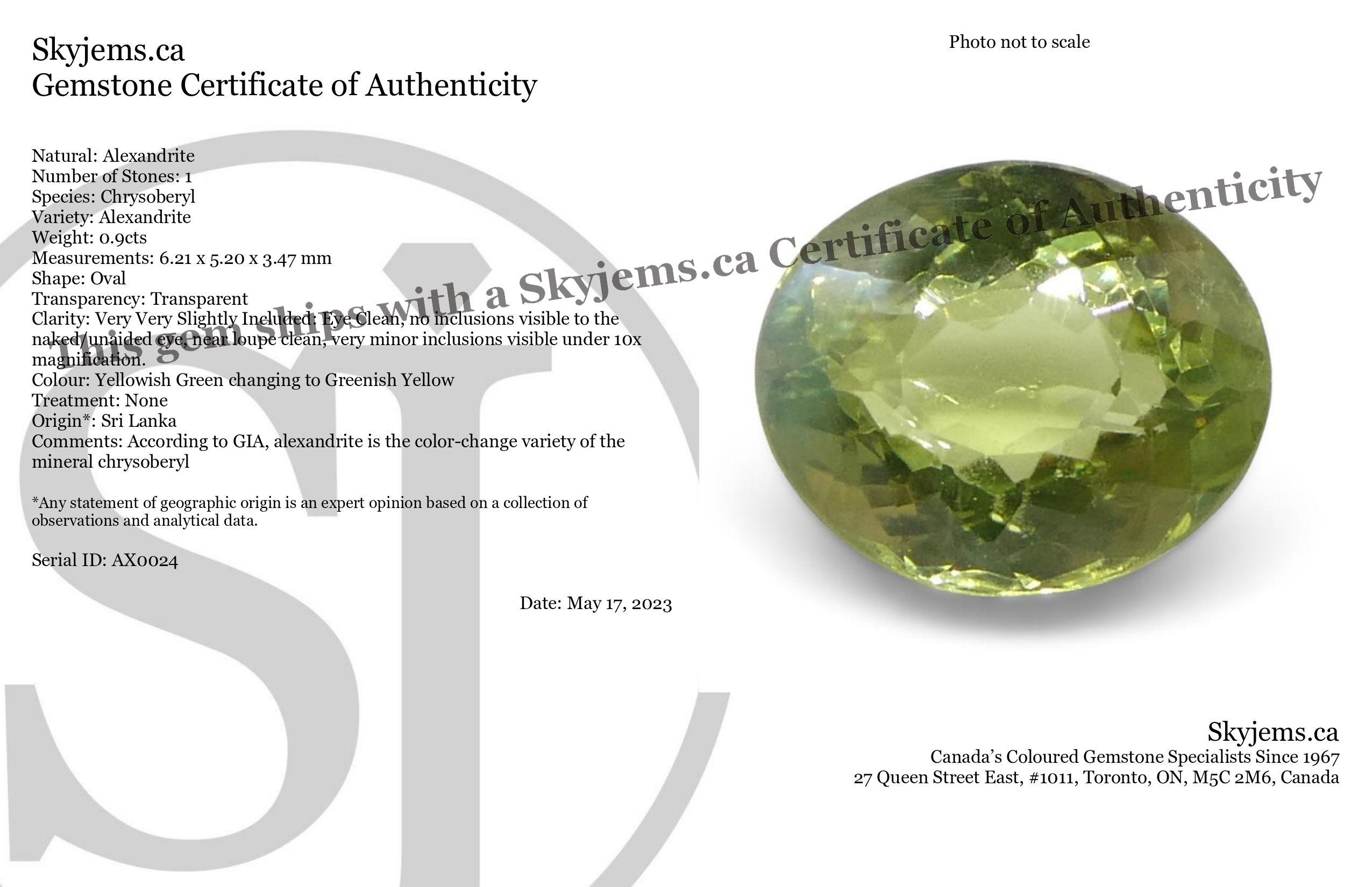 Description:

Gem Type: Alexandrite 
Number of Stones: 1
Weight: 0.9 cts
Measurements: 6.21 x 5.20 x 3.47 mm
Shape: Oval
Cutting Style Crown: Brilliant Cut
Cutting Style Pavilion: Brilliant Cut 
Transparency: Transparent
Clarity: Very Very Slightly