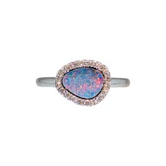 0.9cts Boulder Opal Ring with Diamond Halo: 14K Solid Gold, Fancy Shape, 9x7mm