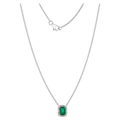 Octagon Emerald Diamond Halo Pendant Necklace 14K White Gold
