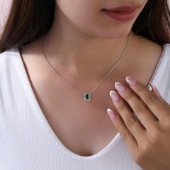 Octagon Emerald Diamond Halo Pendant Necklace 18K White Gold