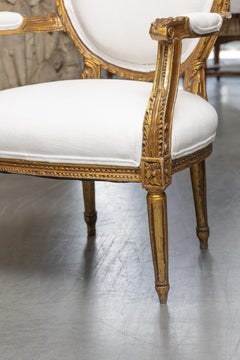 0ne of a Pair of Identical Louis XVI Style Gilt wood Armchairs