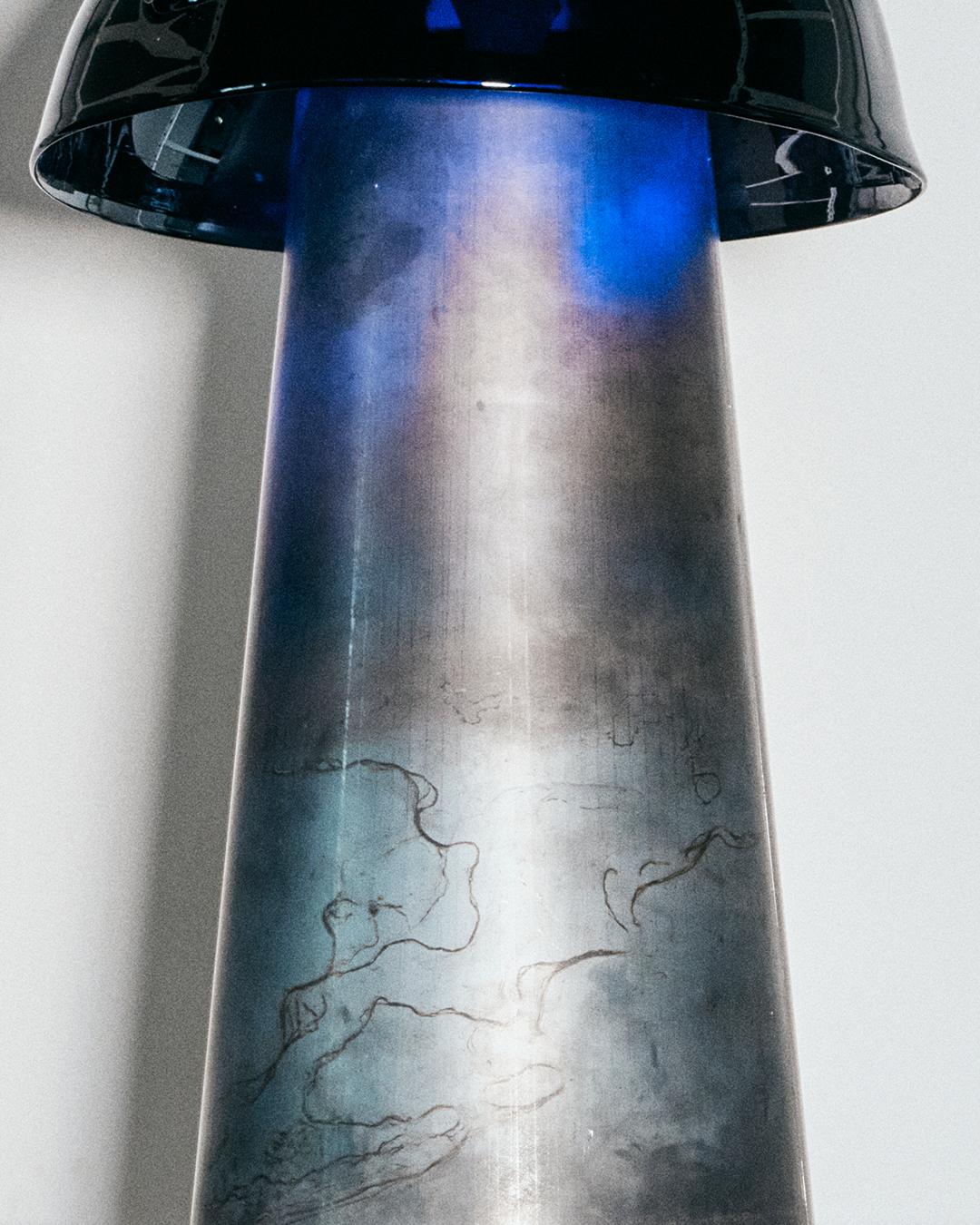 Lamp made of cold rolled steel and black blown glass. Part of the Acid Mantra collection, this piece loosely represents an acid trip in a West Berlin squatt in 1980. Made entirely by hand, each piece is unique. Designed by Jean-Michel Gadoua, in