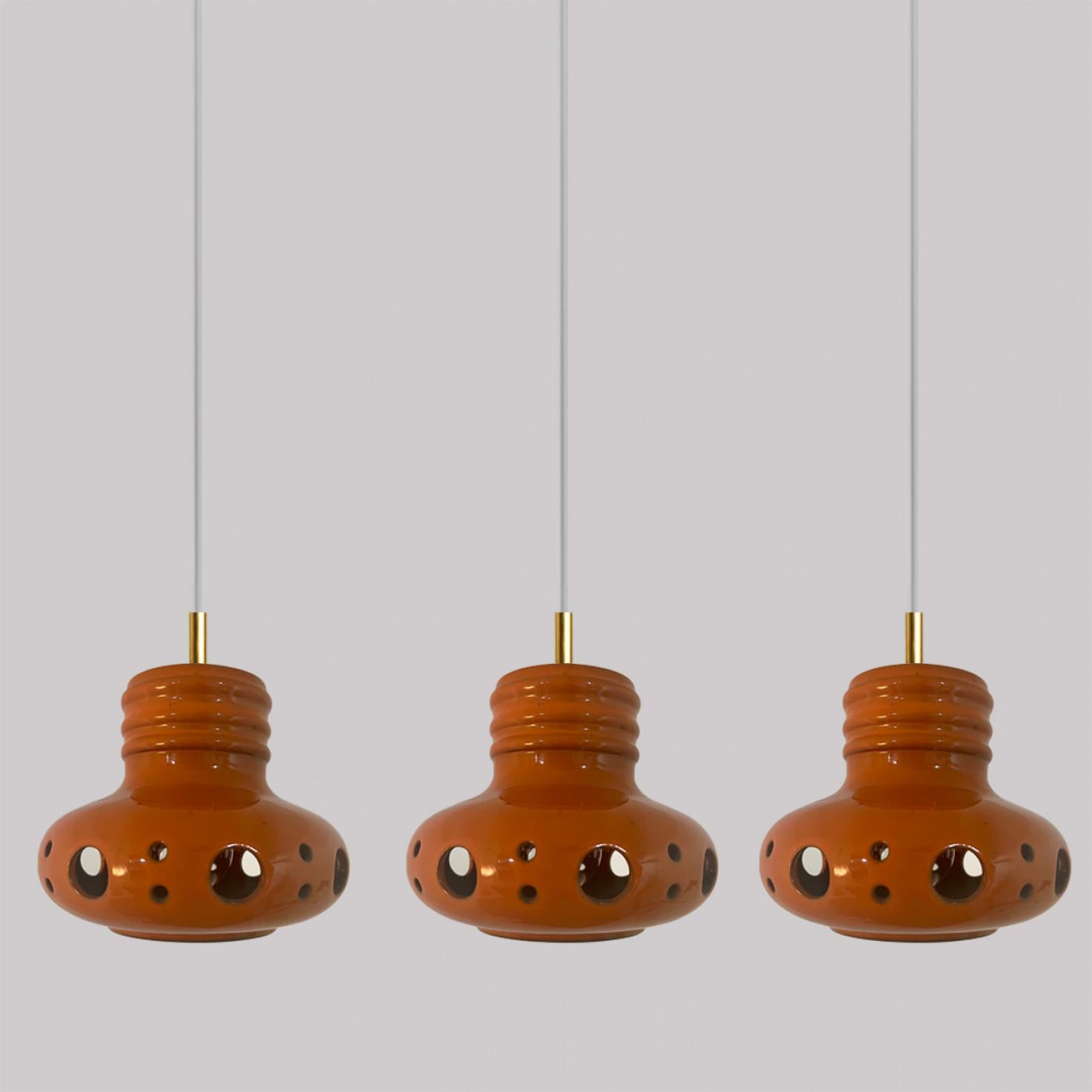 Brass 1 0f the 3 Three Unique Mixed Glazed Ceramic Pendant Lights, Germany, 1970s For Sale