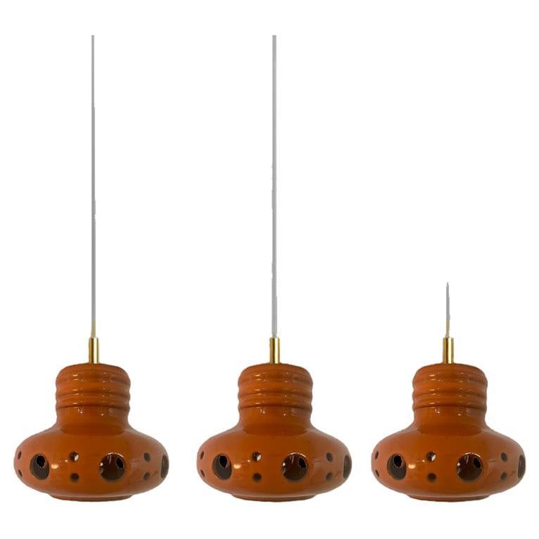 1 0f the 3 Three Unique Mixed Glazed Ceramic Pendant Lights, Germany, 1970s For Sale