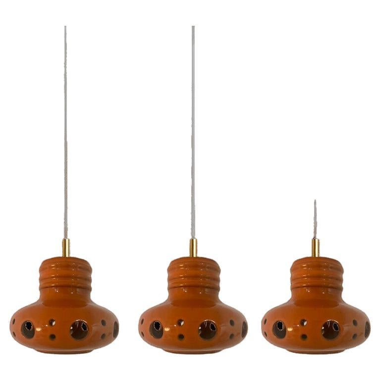 1 0f the 3 Three Unique Mixed Glazed Ceramic Pendant Lights, Germany, 1970s