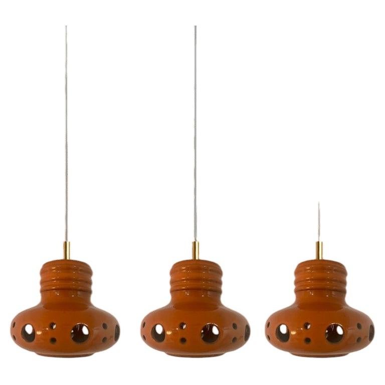 1 0f the 3 Three Unique Mixed Glazed Ceramic Pendant Lights, Germany, 1970s