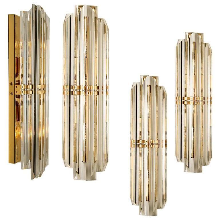 1 0f the 4 Venini Style Murano Glass and Gilt Brass Sconces, 1960s 1