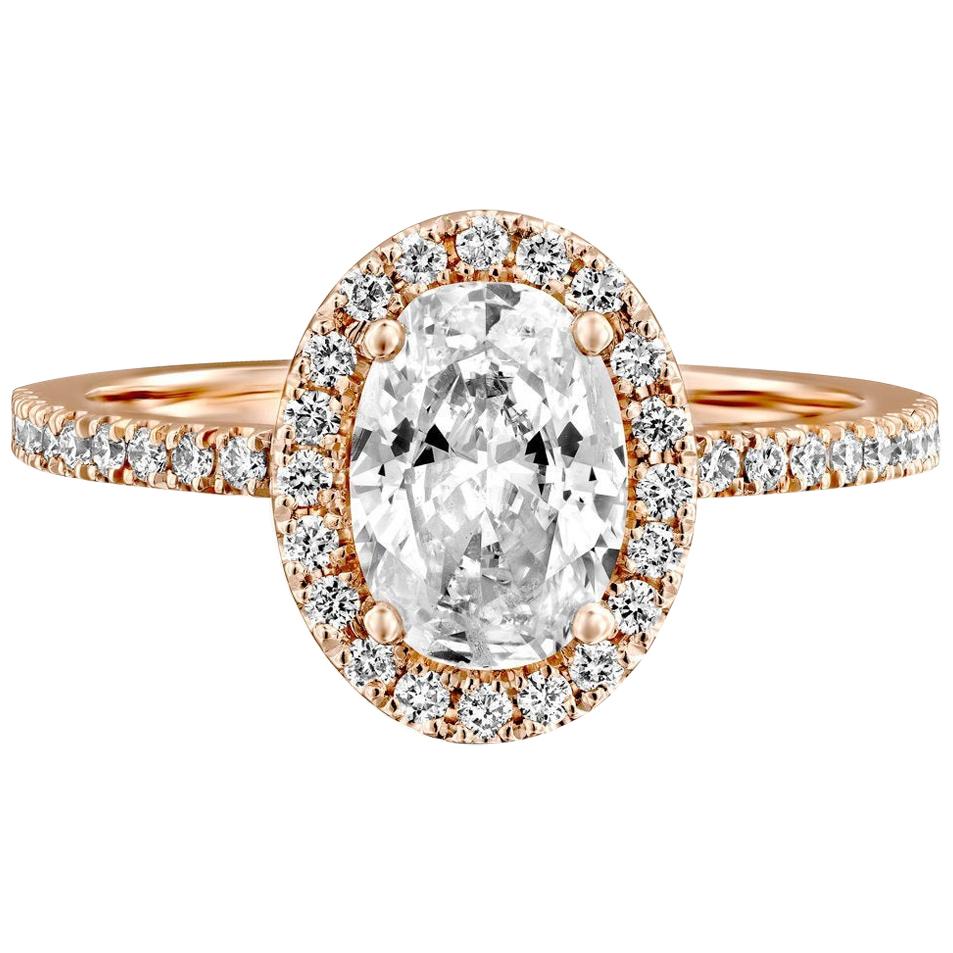 1 1/2 Carat 14 Karat Rose Gold Oval Engagement Ring, Oval Halo Diamond Ring