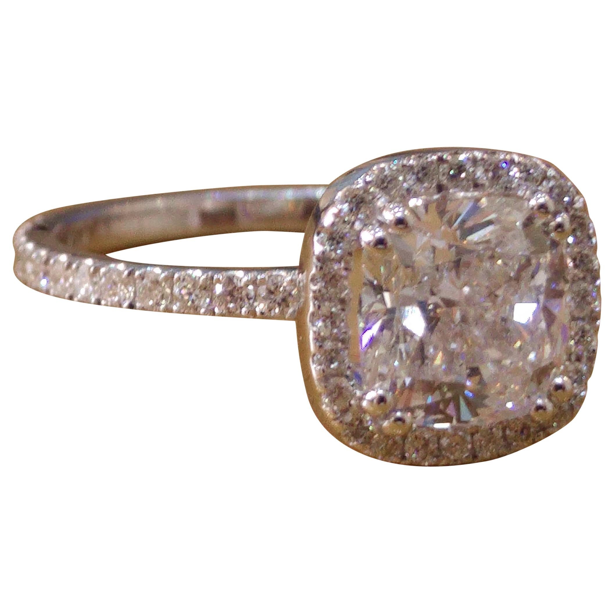 1 1/2 Carat 14 Karat White Gold Cushion Diamond Engagement Ring, Halo Ring