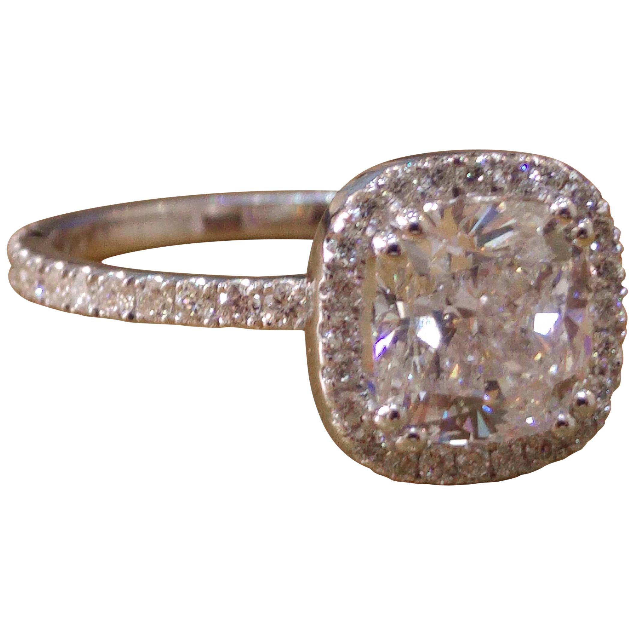 1 1/2 Carat 14 Karat White Gold Cushion Diamond Ring, Diamond Halo Ring