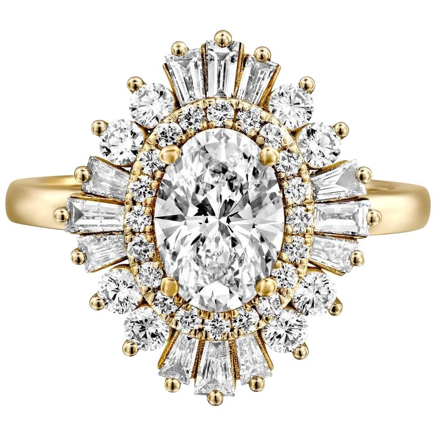 One of a kind 1.50 Carat Diamond Ring, Diamond Engagement Ring, Oval Cut Engagement Ring, Oval Halo Diamond Ring, Great Gatsby Vintage Style Art Deco. 
 Center diamond is a beautiful 3/4 carat H color SI1 Oval Cut Diamond surrounded by additional
