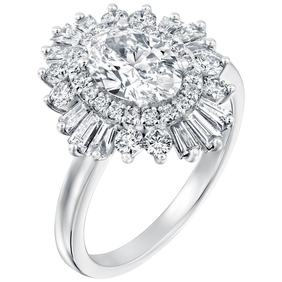 1 1/2 Carat 14 Karat White Gold Oval Diamond Ring, Gatsby Style Engagement Ring