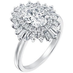 1 1/2 Karat 14 Karat Weißgold Ovaler Diamantring im Gatsby-Stil Verlobungsring