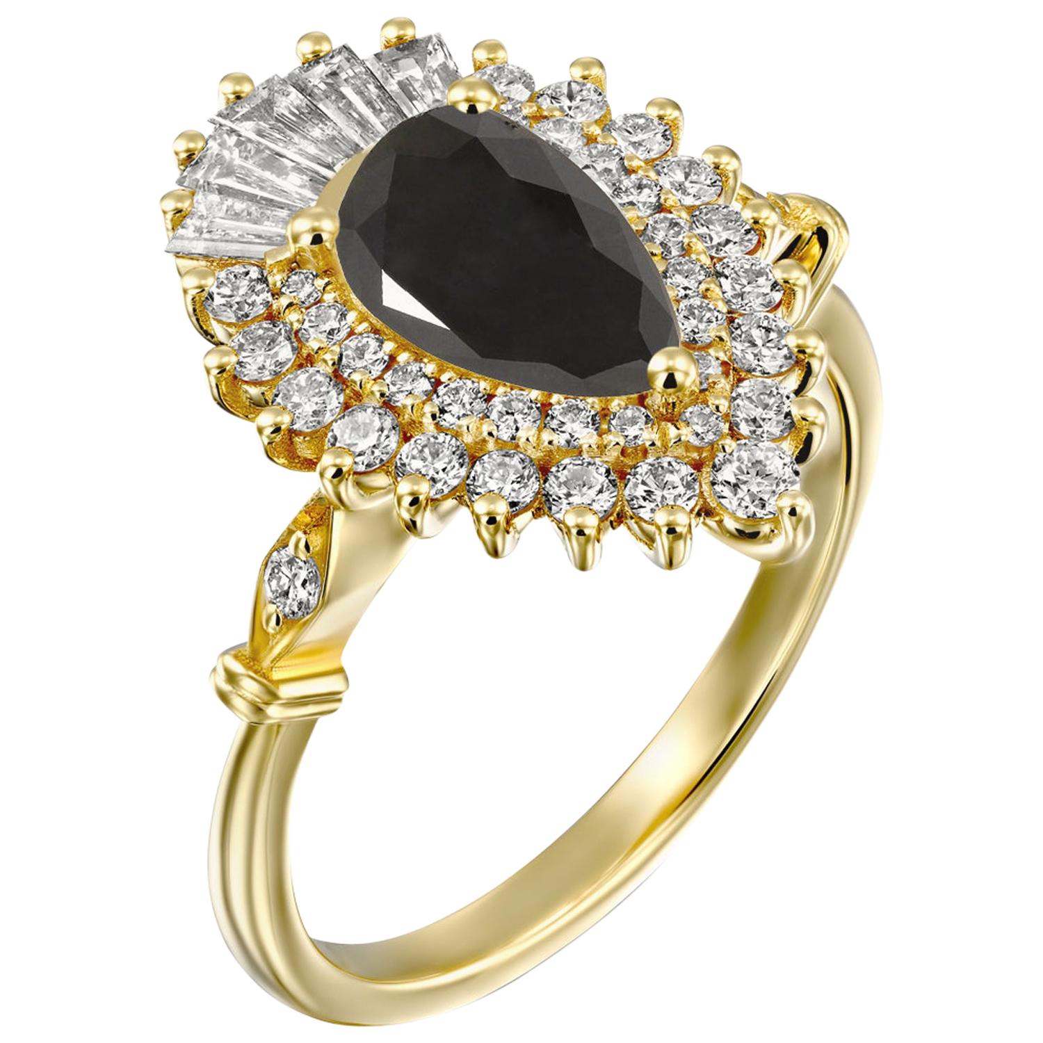 1 1/2 Carat 14 Karat Yellow Gold Certified Pear Black Diamond Engagement Ring