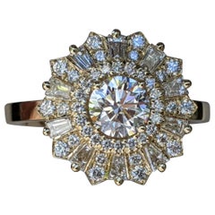 1 1/2 Carat 14 Karat Yellow Gold Vintage Round Diamond Ring, Gatsby Halo Ring