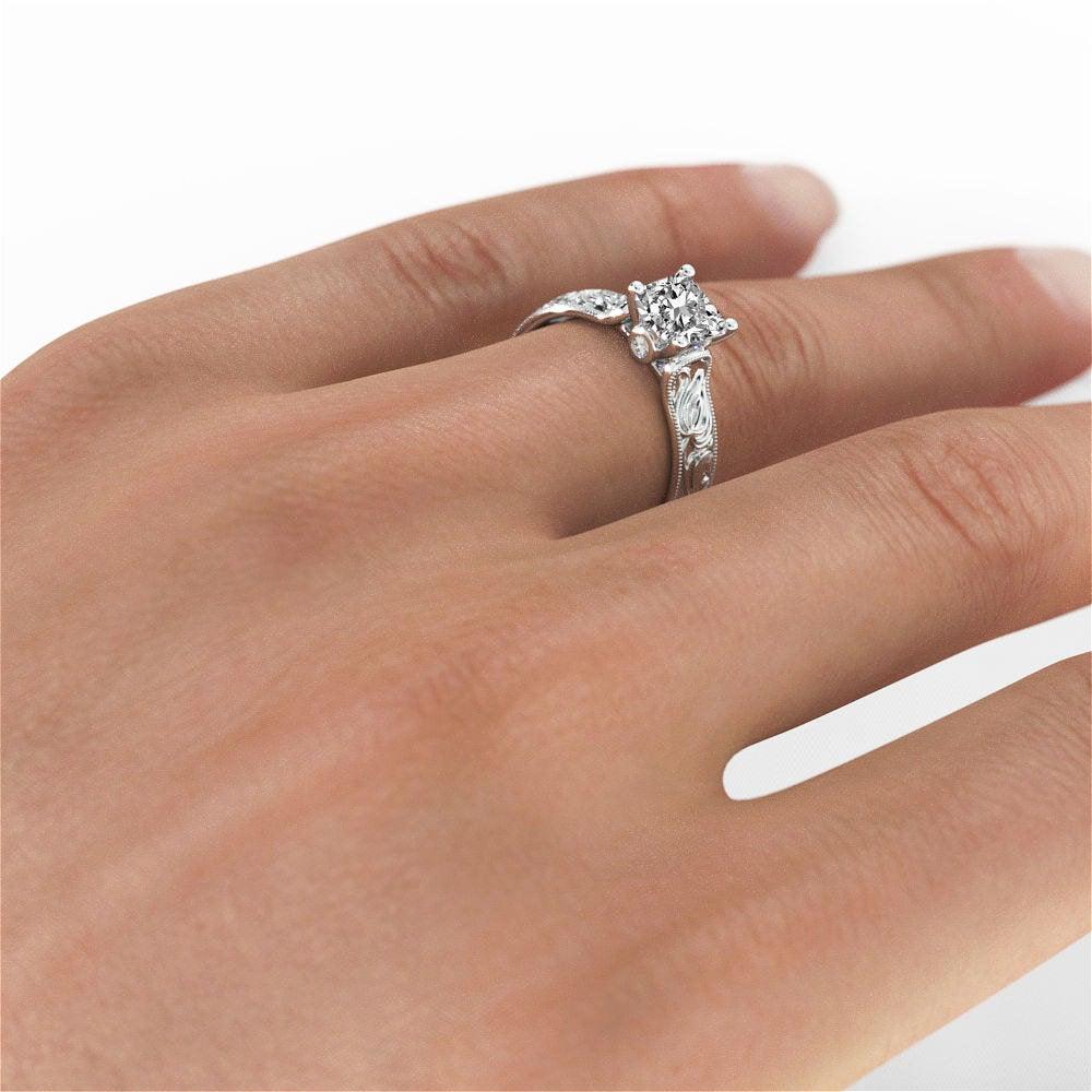 1 1/2 Carat Vintage Diamond Engagement Ring, Princess Cut DIamond Ring, Solitaire Engagement Ring, Vine Engagement Ring, White Gold Ring
 
 Diamond Review 
 Main Stone: 1 1/2 Carat Diamond 
 Color: F
 Clarity: SI1 ( clarity enhanced)
 Cut: