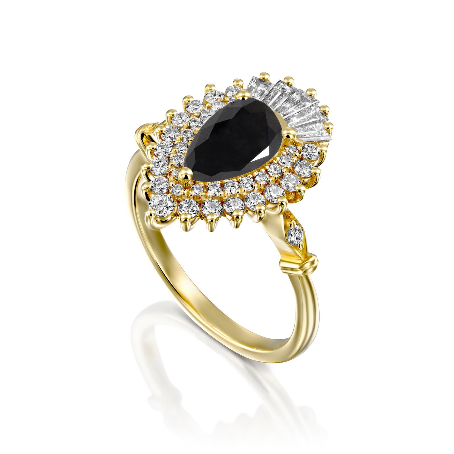 Art Deco 1 1/2 Carat 14 Karat Yellow Gold Certified Pear Black Diamond Engagement Ring