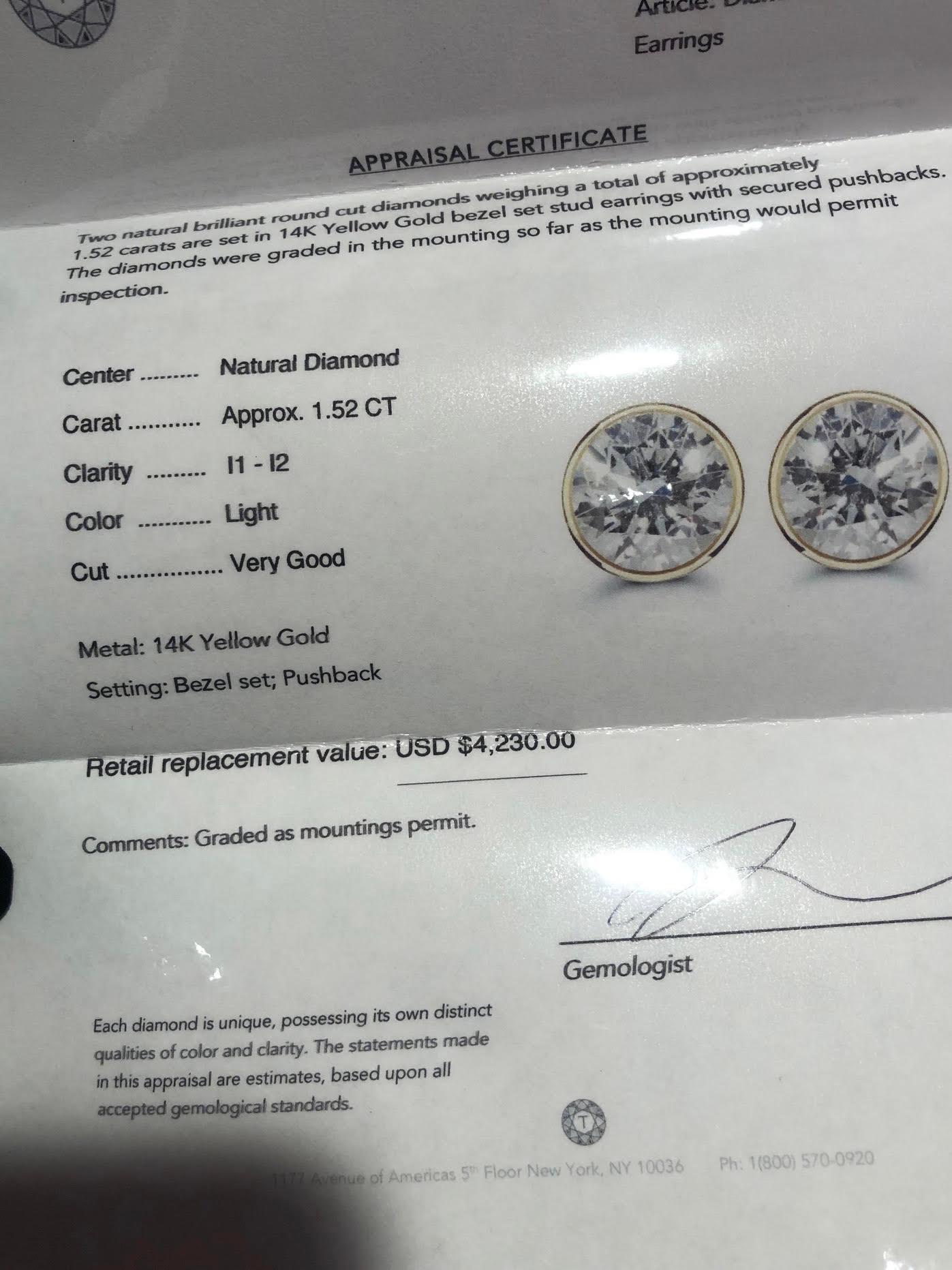 Round Cut 1 1/2 Carat Ct Real Natural Solitaire Diamond Round Bezel Stud Earrings 14k Gold For Sale