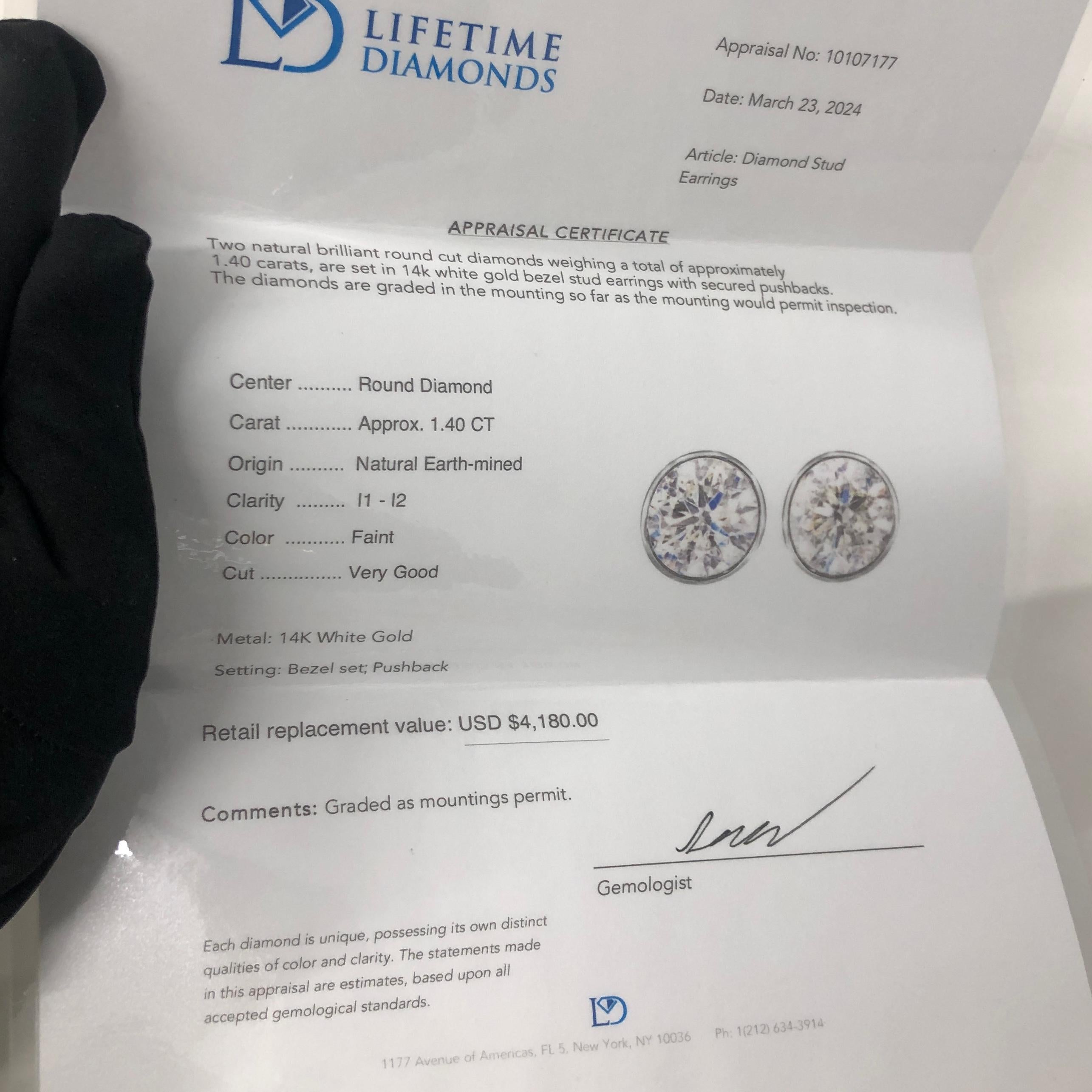 Quasi 1 1/2 Carat Ct Natural Solitaire Diamond Round Bezel Stud Earrings 14k 2