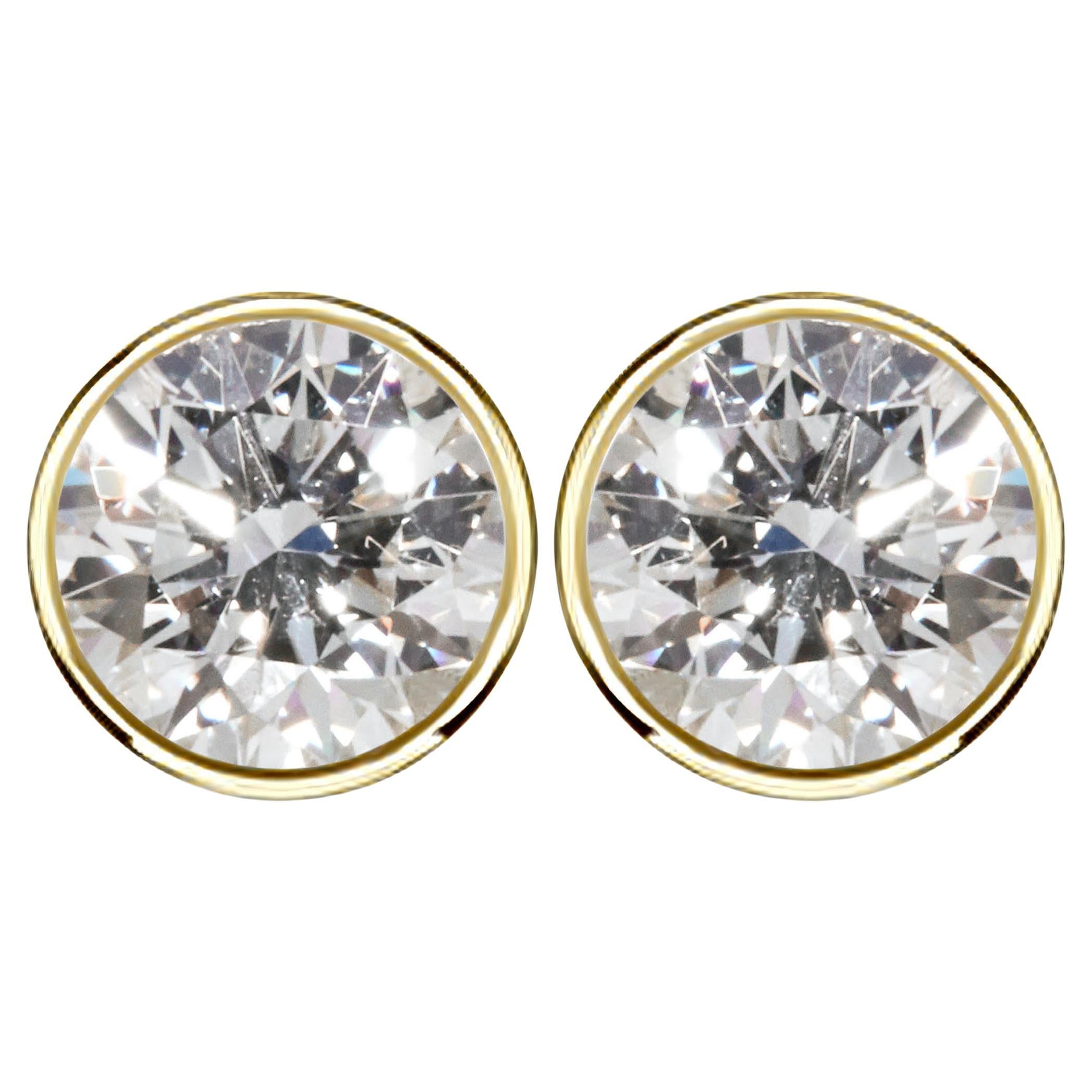 1 1/2 Carat Ct Real Natural Solitaire Diamond Round Bezel Stud Earrings 14k Gold For Sale