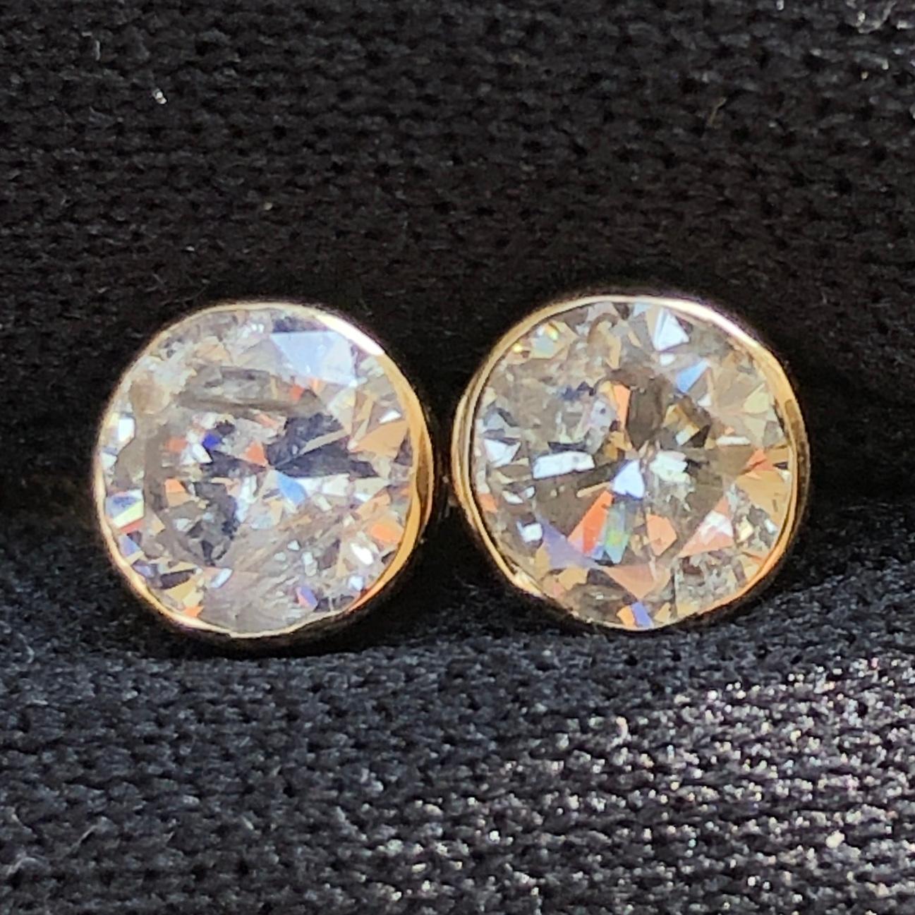 Round Cut 1 1/2 Carat Ct Real Natural Solitaire Round Diamond Bezel Stud Earrings 14k Gold