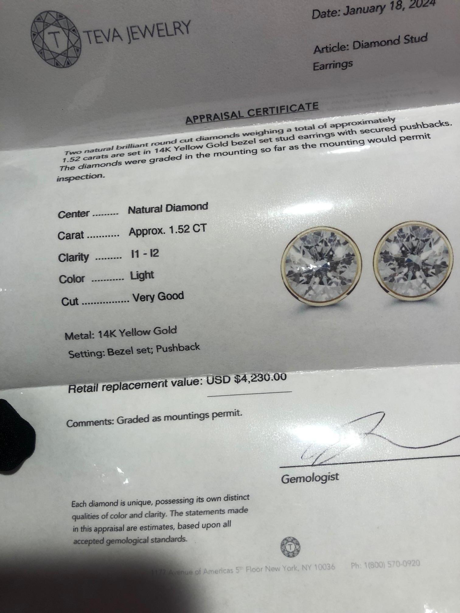 Women's or Men's 1 1/2 Carat Ct Real Natural Solitaire Round Diamond Bezel Stud Earrings 14k Gold