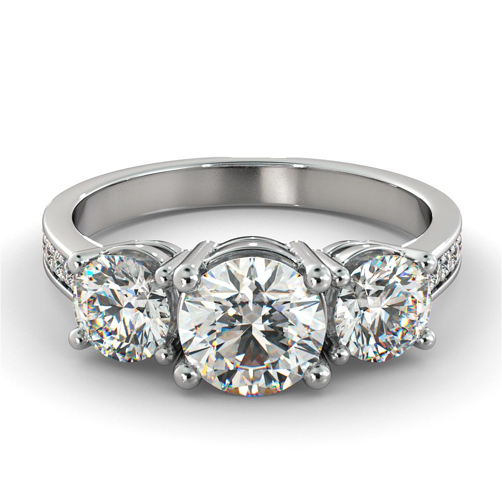 Fabulous three-stone style GIA certified diamond engagement ring. Ring features a 1 carat round cut 100% eye clean natural diamond of F-G color and VS2-SI1 clarity and it is accompanied by 2 smaller round shaped diamonds of approx. 0.5 total carat
