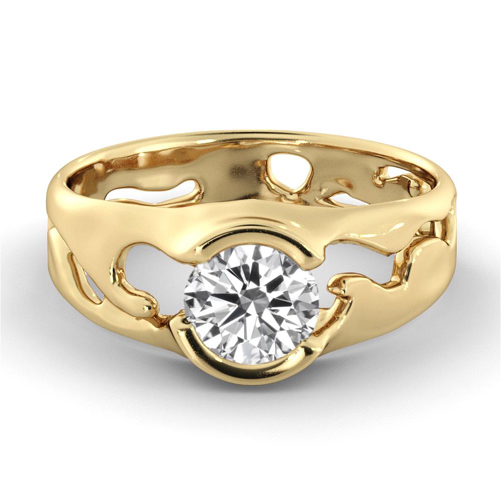Offered here is a unique designer setting GIA certified diamond engagement ring. Ring features a 1.5 carat round cut 100% eye clean natural diamond of F-G color and VS2-SI1 clarity. Set in a sleek, 18K yellow gold, solitaire ring with a bezel