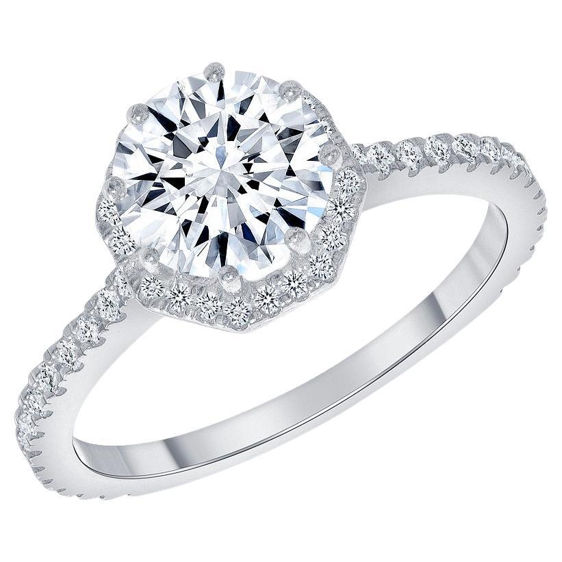 For Sale:  1 1/2 Carat Halo Design Round Cut Engagement Ring 8-Prong Setting