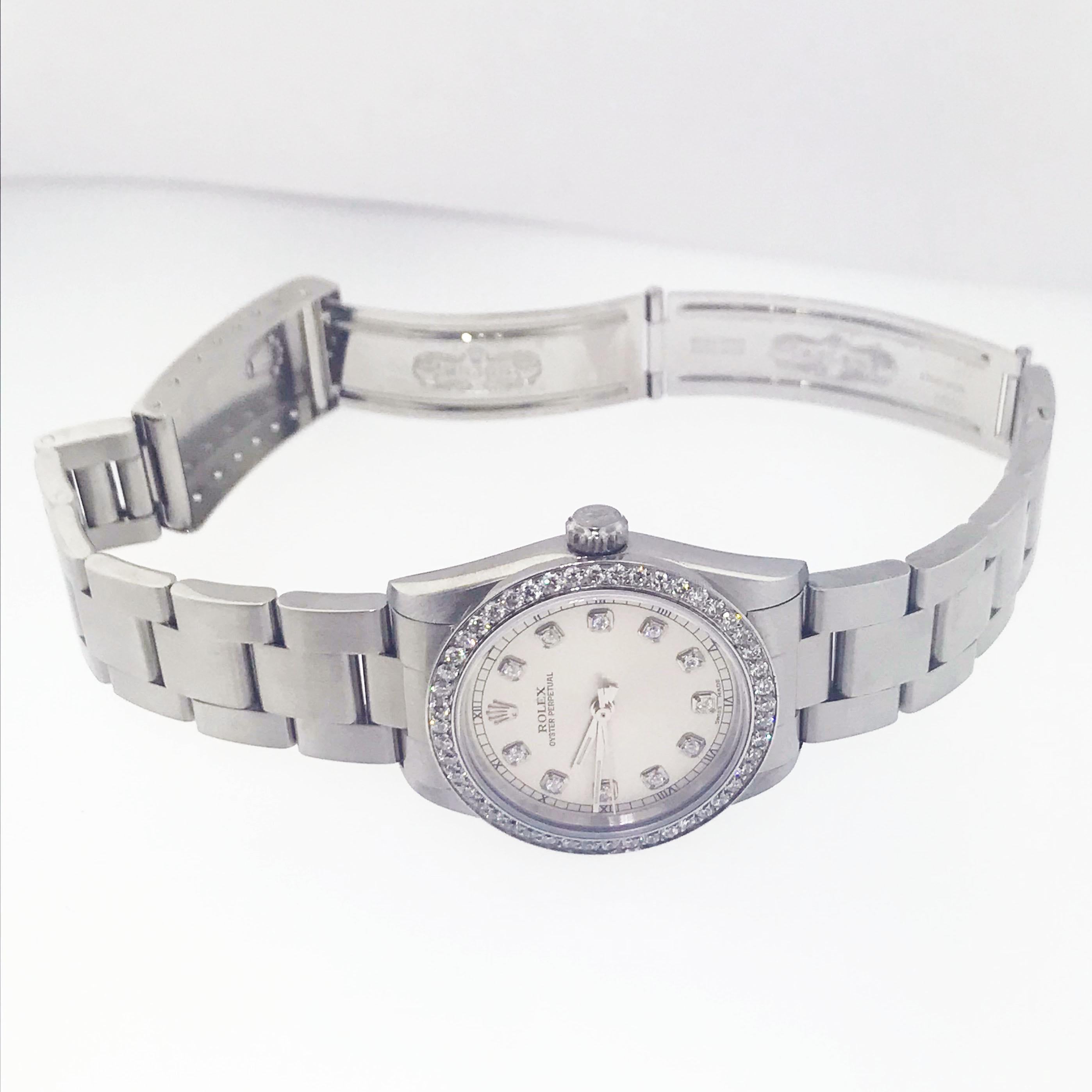 Women's 1 1/2 Carat Diamond Bezel-Rolex Oyster Perpetual Stainless Steel Ladies Watch