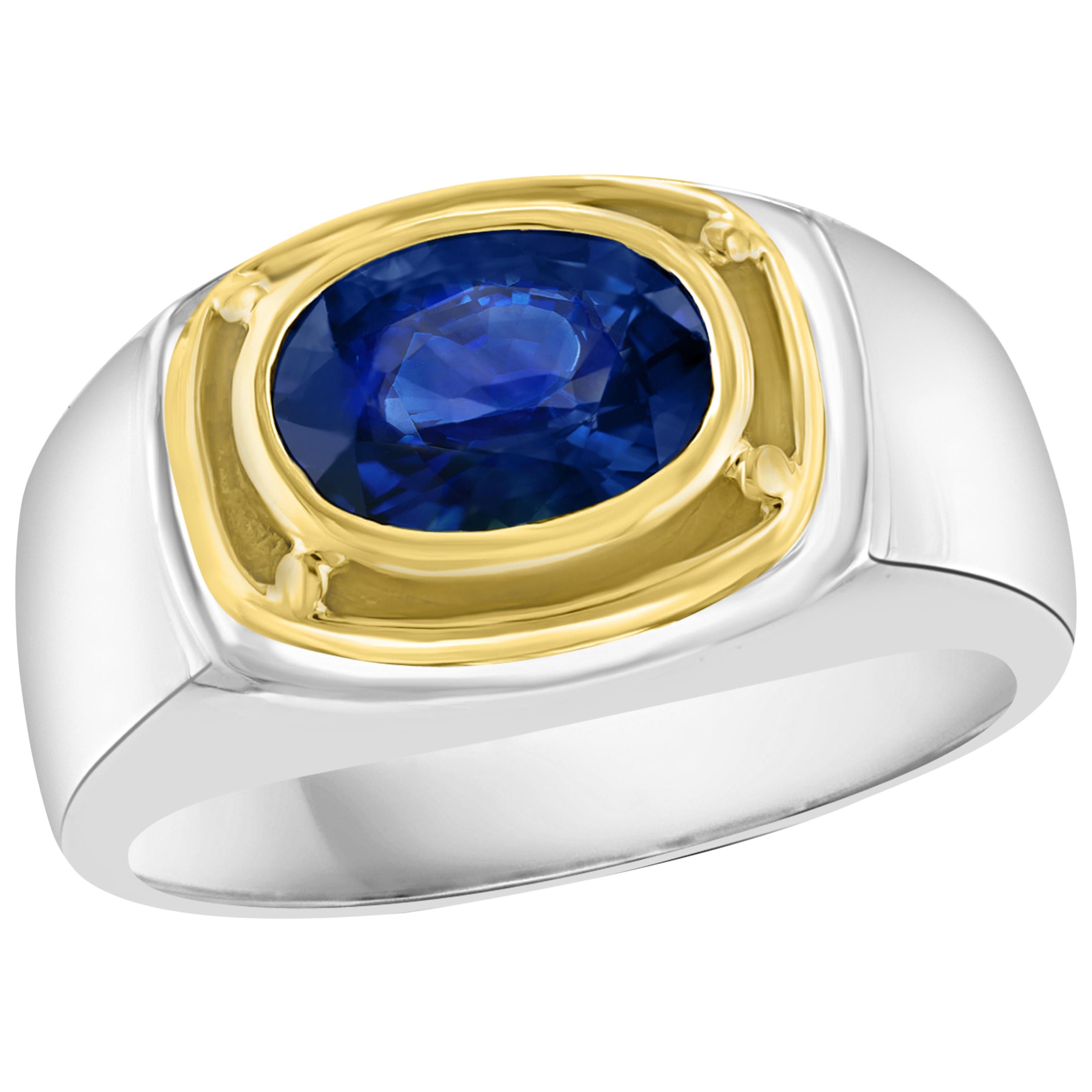 1 1/2 Ct Oval Natural Blue Sapphire Engagement Ring in 18 Karat Two-Tone Gold For Sale