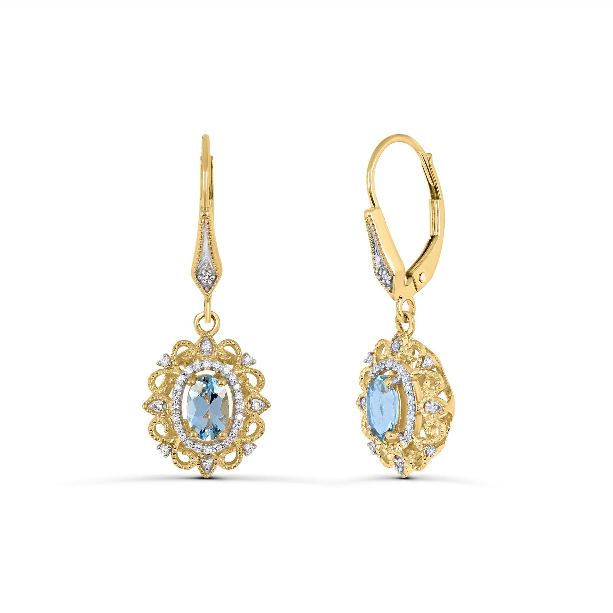 Crafted with exquisite detail, each of these earrings features a stunning oval aquamarine accompanied by sparkling round single cut white diamonds. The 14K yellow gold setting adds touches of luxury and sophistication. With convenient lever-back