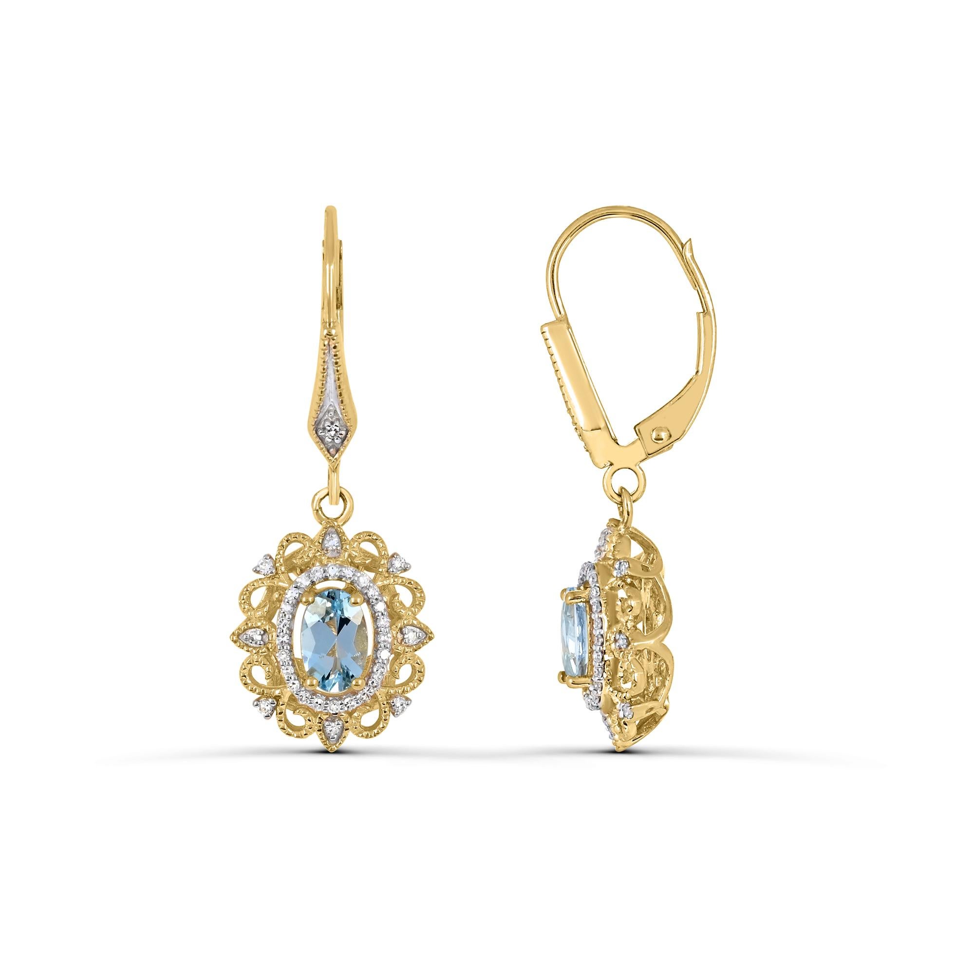 Contemporary 1-1/20 ct. Aquamarine and Diamond Accent Dangle Earrings in 14K Yellow Gold For Sale
