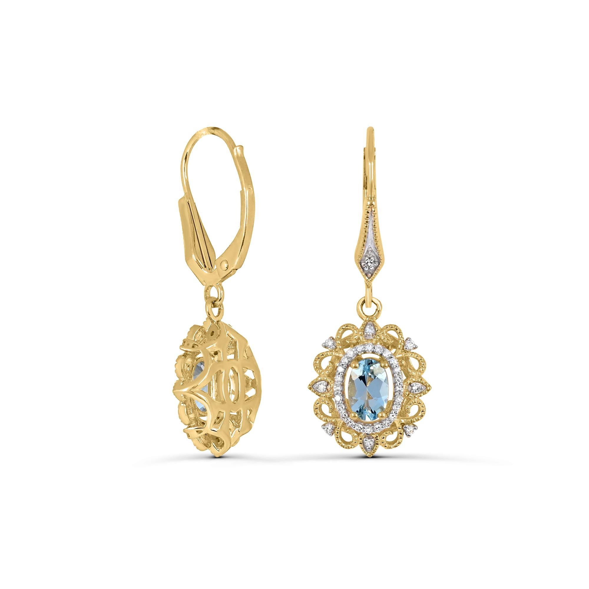 Oval Cut 1-1/20 ct. Aquamarine and Diamond Accent Dangle Earrings in 14K Yellow Gold For Sale