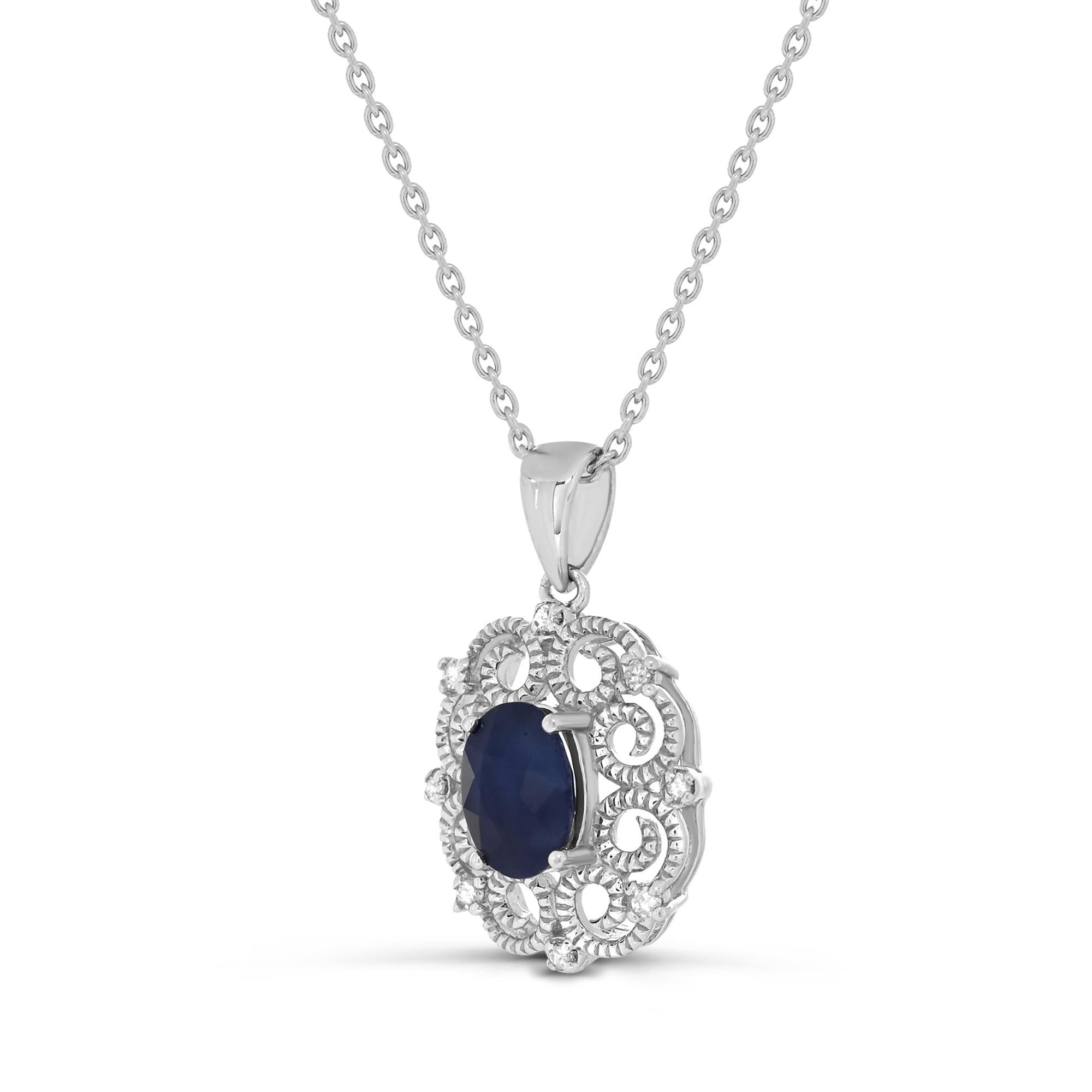 Indulge in the elegance of our Sapphire and White Diamond Retro Border Pendant Necklace in Sterling Silver. Crafted with meticulous attention to detail, this necklace boasts a stunning combination of one oval-cut sapphire accented by sparkling round
