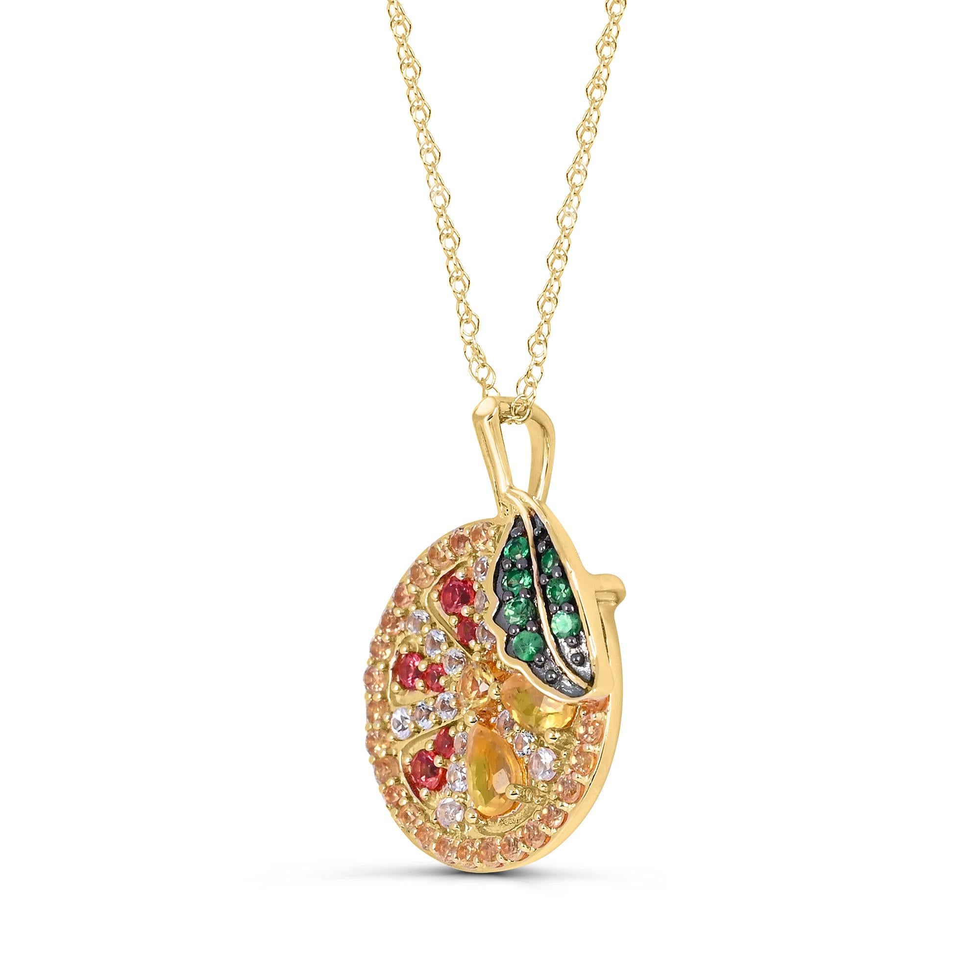 Indulge in the ingenious design of our Yellow Hues Sapphire and Tsavorite Orange Pendant in 14K Yellow Gold. Crafted with meticulous attention to detail, this pendant boasts a stunning combination of various sized round sapphires and sparkling round