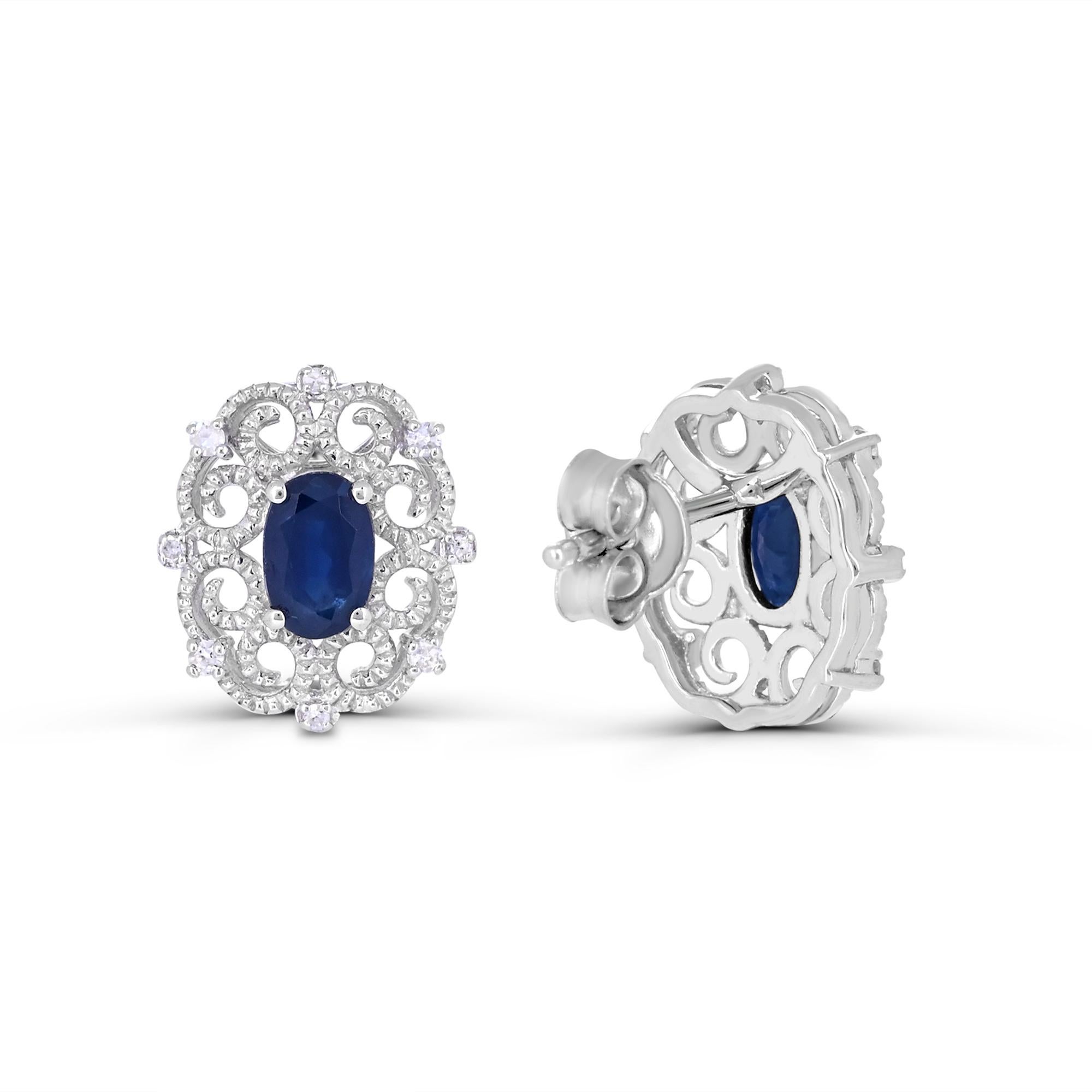 Retro 1-1/3 ct. Sterling Silver Blue Sapphire and Single-Cut Diamond Stud Earrings For Sale