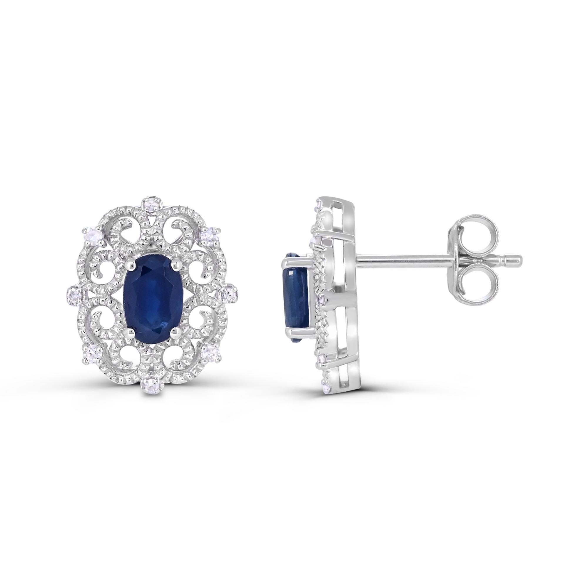 Oval Cut 1-1/3 ct. Sterling Silver Blue Sapphire and Single-Cut Diamond Stud Earrings For Sale