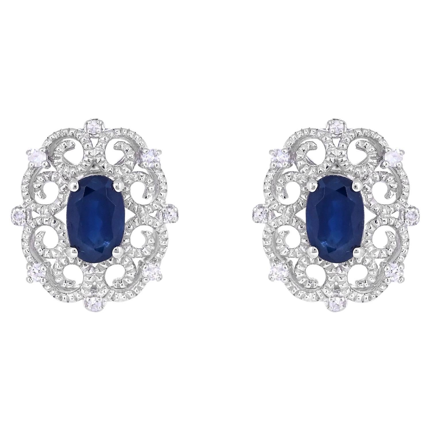 1-1/3 ct. Sterling Silver Blue Sapphire and Single-Cut Diamond Stud Earrings For Sale