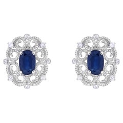 1-1/3 ct. Sterling Silver Blue Sapphire and Single-Cut Diamond Stud Earrings