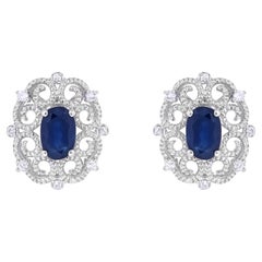 1-1/3 ct. Sterling Silver Blue Sapphire and Single-Cut Diamond Stud Earrings