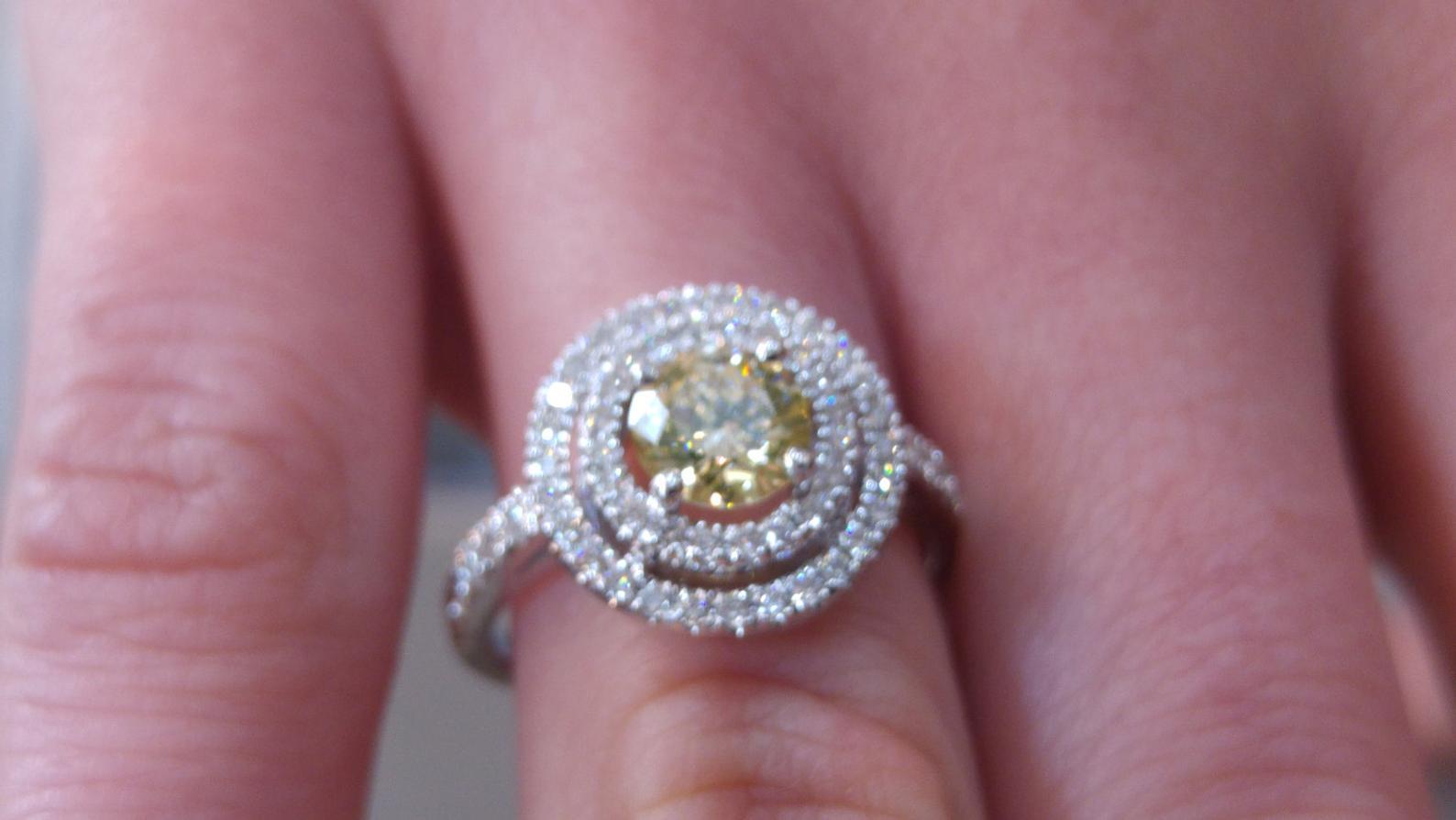 Art Deco 1 1/4 14 Karat White Gold Fancy Yellow Round Diamond Double Halo Engagement Ring
