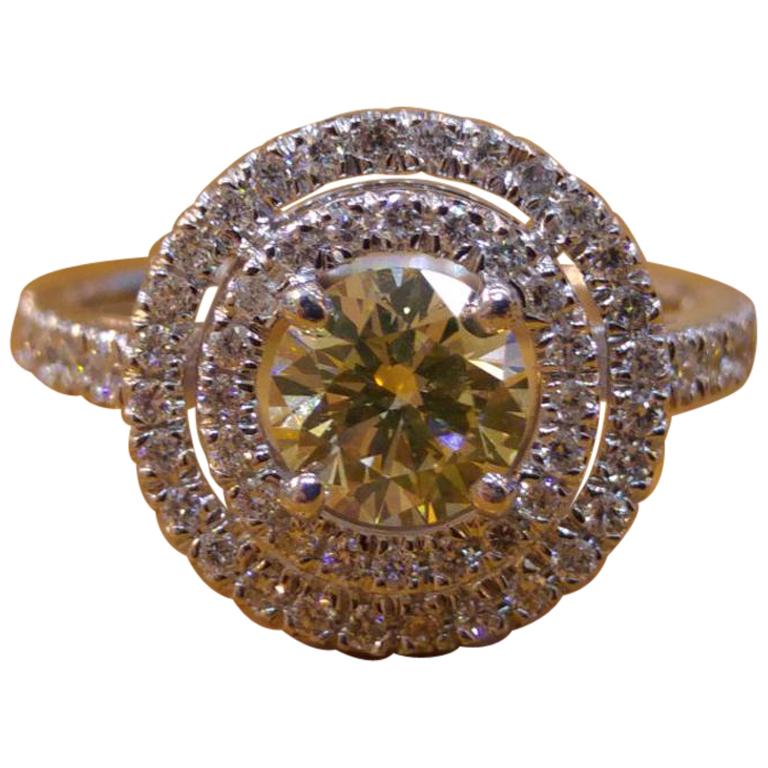 1 1/4 14 Karat White Gold Fancy Yellow Round Diamond Double Halo Engagement Ring