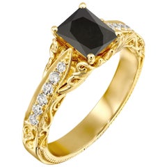 1 1/4 Carat 14 Karat Yellow Gold Certified Radiant Black Diamond Engagement Ring