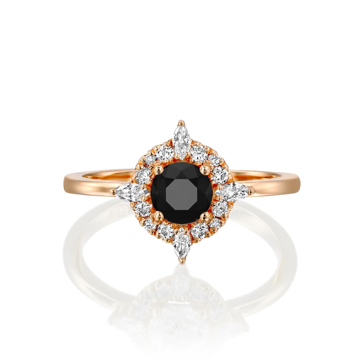 Beautiful solitaire with accents Victorian style diamond engagement ring. Center stone is natural, round shaped, AAA quality Black Diamond of 1 carat and it is surrounded by smaller natural round diamonds approx. 0.25 total carat weight. The total