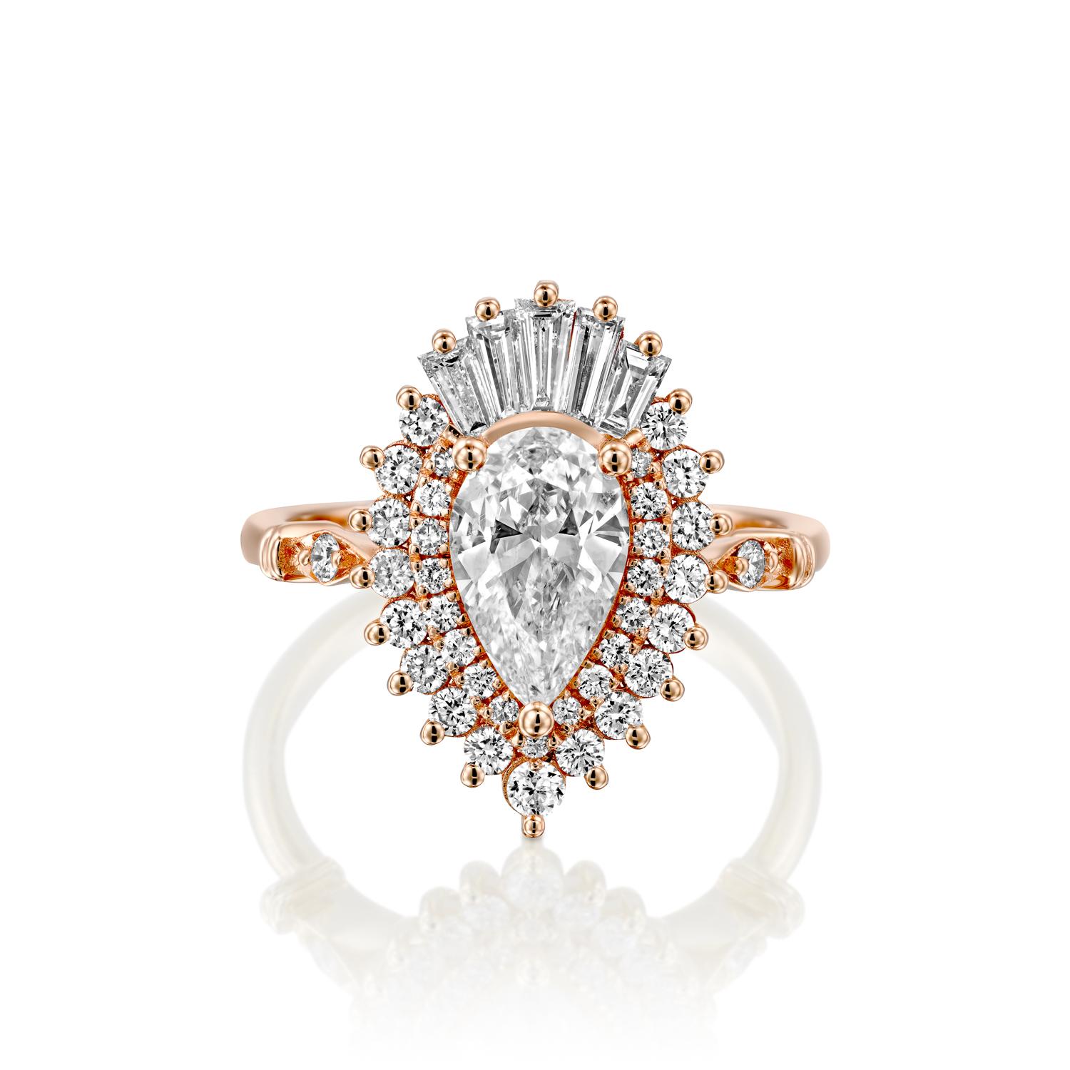 Beautiful solitaire with accents Gatsby style GIA certified diamond engagement ring. Ring features a 0.5 carat pear cut natural diamond of F-G color and VS2-SI1 clarity and it is surrounded by smaller natural diamonds of approx. 3/4 carat total