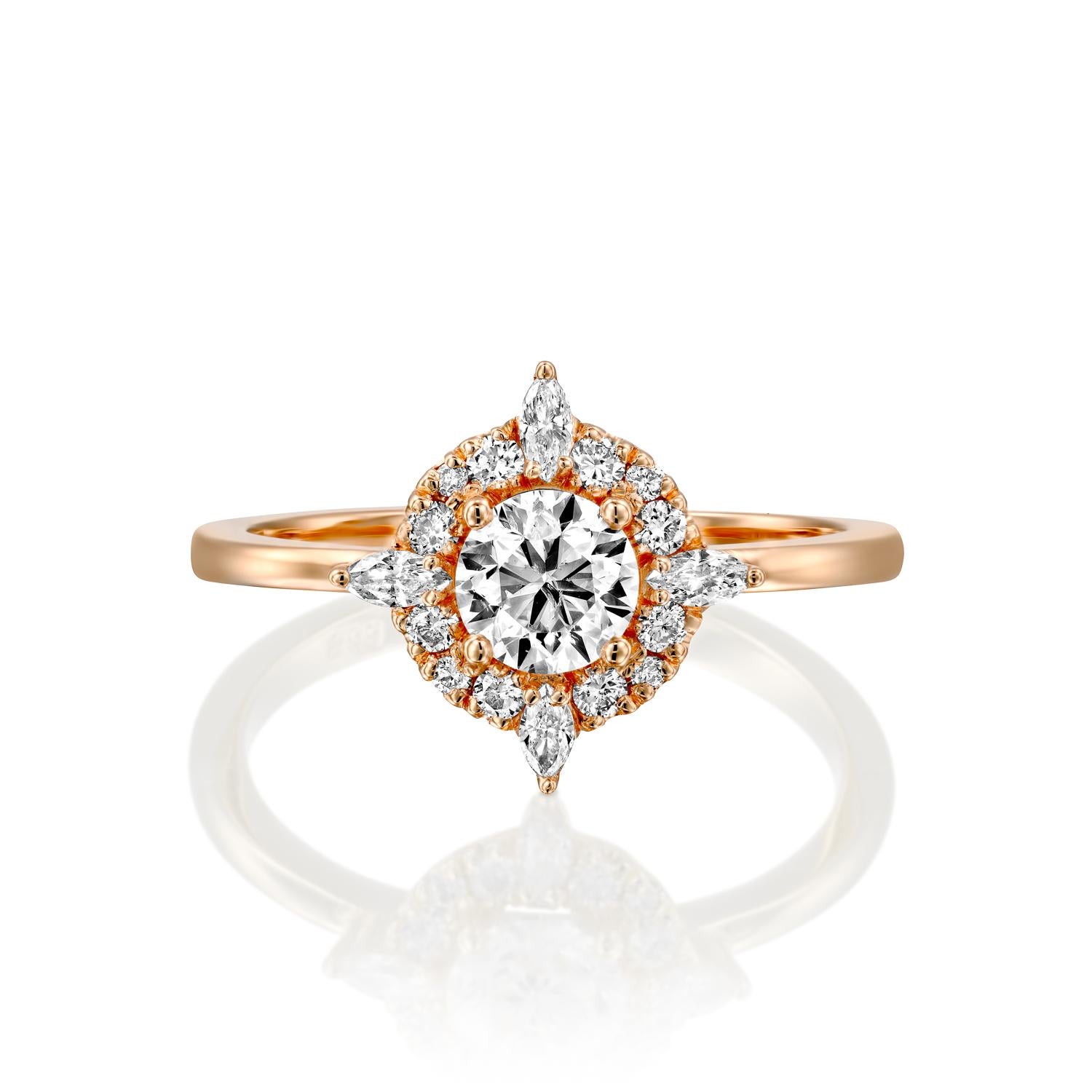 Unique and special Victorian style GIA certified diamond engagement ring. Ring features a 1 carat round cut 100% eye clean natural diamond of F-G color and VS2-SI1 clarity and it is surrounded by smaller natural round diamonds approx. 0.25 total